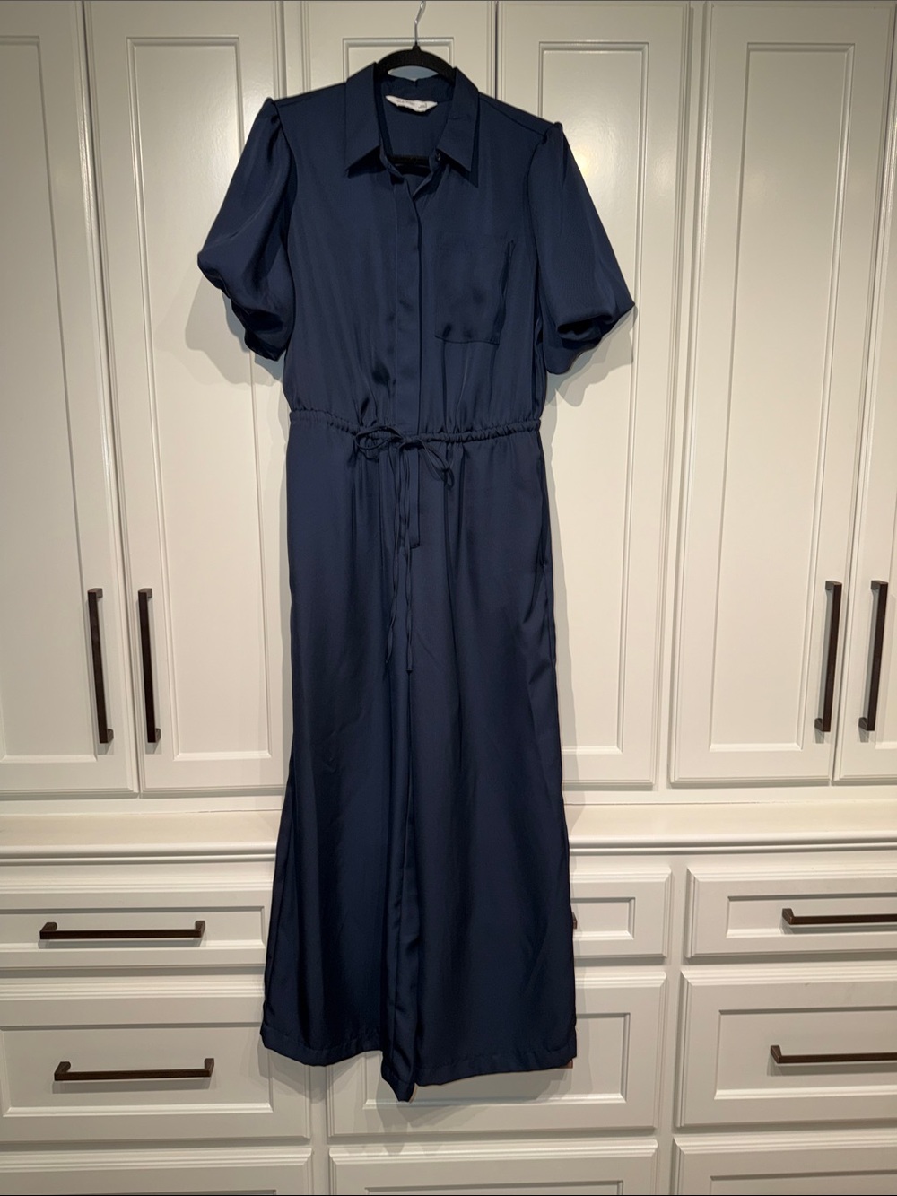 Nine West Navy Short-Sleeve jumpsuit with Drawstring Waist